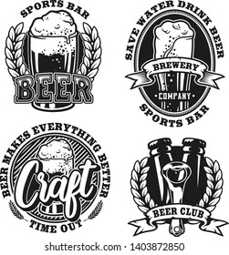 Set illustration of beer on white background. The elements and text of each logo are in separate groups. Ideal for printing on fabric and various sports and beer bar decorations