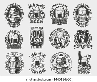 Set illustration of beer on white background. The elements and text of each logo are in separate groups. Ideal for printing on fabric and various sports and beer bar decorations