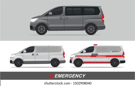 Set Illustration Of Big Van For Family Vacation, Blind Van Transport, And Emergency Vehicle 