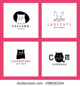 Set Illustration of black cat. Logo of company for animal hair salon or a veterinary clinic, pet shop or cat cafe. Domestic animals. Vector sign cute black kitten on white background.