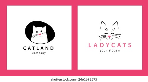 Set Illustration of black cat. Logo of company for animal hair salon or a veterinary clinic, pet shop or cat cafe. Domestic animals. Vector sign cute black kitten on white background.