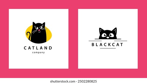 Set Illustration of black cat. Logo of company for animal hair salon or a veterinary clinic, pet shop or cat cafe. Domestic animals. Vector sign cute black kitten on white background.