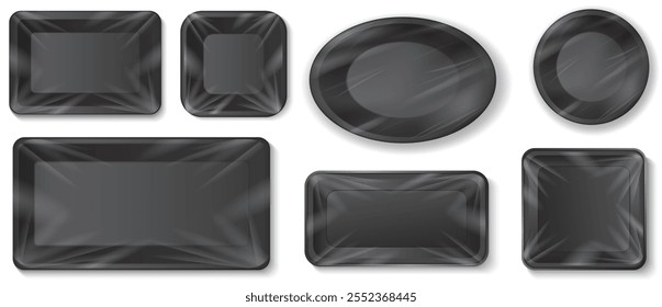 Set Illustration of Black Plastic Tray with Paper Band and Transparent Film Wrap for Frozen Meat Products