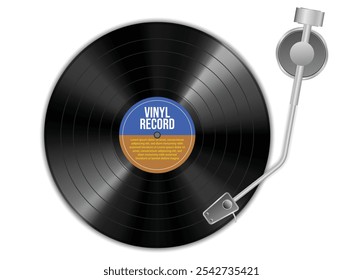 Ilustración del disco de vinilo negro girando en un tocadiscos, listo para tocar algunas melodías clásicas. El sello discográfico presenta las palabras "VINYL RECORD" en un diseño azul y marrón.