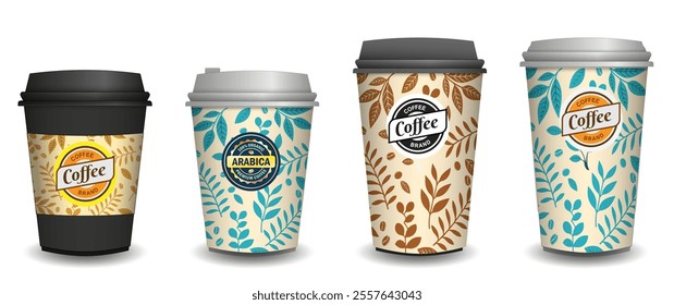 Set Illustration of Blank Disposable Coffee Cups Mock up with Lids 