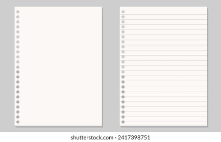 Set of illustration of blank sheets of square and lined paper .Realistic lined notepapers. 