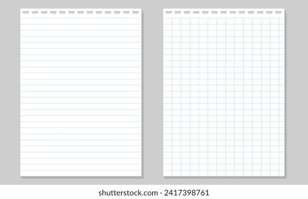 Set of illustration of blank sheets of square and lined paper .Realistic lined notepapers. 
