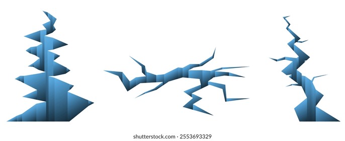 Set illustration of blue cracks with sharp, geometric edges on a white background. The image features a modern and minimalistic design, ideal for concepts related to damage, fractures, or innovative
