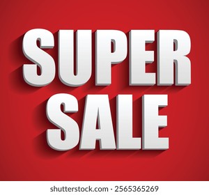 Set illustration of  bold and eye-catching "Super Sale" banner featuring large white 3D text with shadow effects on a bright red background. Perfect for advertising promotions, discounts, and sales