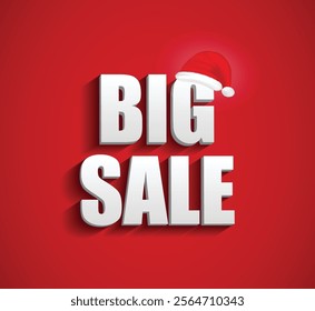 Set illustration of bold and festive Christmas-themed banner featuring the text "BIG SALE" in white 3D letters on a bright red background. A Santa hat adds a cheerful holiday touch, making it ideal