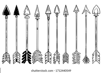 Set of illustration of bow arrows in engraving style. Design element for poster, label, sign, emblem, menu. Vector illustration