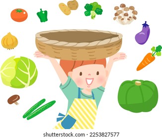 Set illustration of boy, basket and vegetables