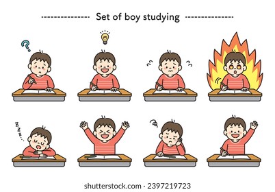 Set illustration of boy studying at his desk