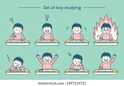 Set illustration of boy studying at his desk