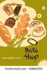 Set of illustration of bread and roll for menu bake shop and house on olive color background. 