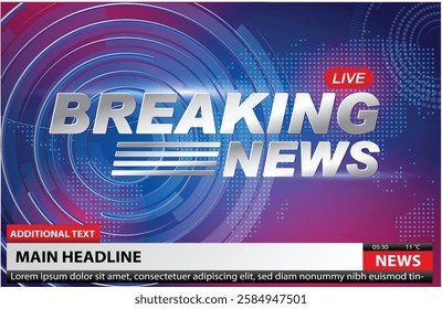 Set illustration of breaking news broadcast template featuring a futuristic background with blue and red digital elements. The metallic 3D text "Breaking News" is prominently displayed with a "Live"