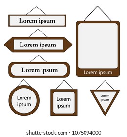 The set of illustration brown wooden sign and picture frame that have rectangle, Hexagon, circle, triangle.