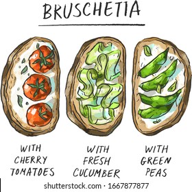 Set illustration with bruschetta, sandwich, tomatoes, cucumbers, green peas