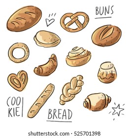 Set illustration with buns, cakes and breads
