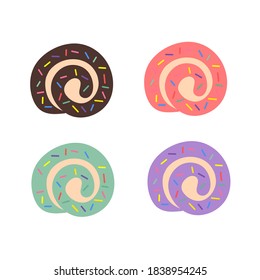 Set illustration of cake roll with rainbow sprinkles topping. Chocolate, strawberry, green tea, and bubble gum flavour. Vector cartoon design flat illustration