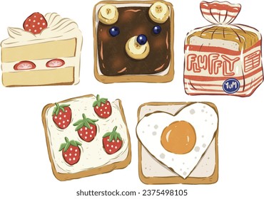 Set of illustration of cake, toast, and bread. Toast, cake, and bread for breakfast. isolate vector of toast on transparent background.