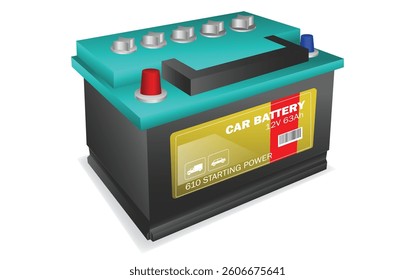 Set illustration of car battery featuring a black and turquoise design. The battery is labeled "CAR BATTERY 12V 63Ah" with a gold and red sticker indicating "610 STARTING POWER."