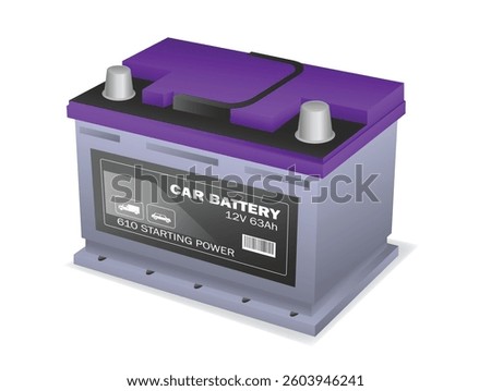 Set illustration of car battery featuring a purple and gray color scheme. The battery is labeled with specifications such as 12V 63Ah and 610 starting power, with metallic terminals on top.