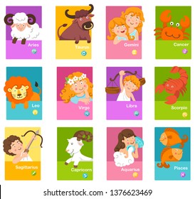 Set illustration with cartoon zodiac signs vector