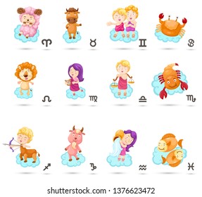 Set illustration with cartoon zodiac signs vector