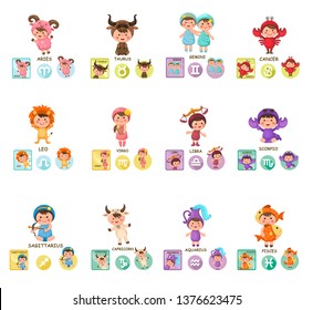 Set illustration with cartoon zodiac signs vector