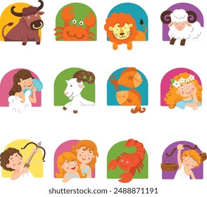 Set illustration with cartoon zodiac signs vector