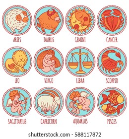 Set illustration with cartoon zodiac signs. Freehand drawing