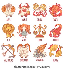 Set illustration with cartoon zodiac signs. Freehand drawing