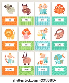 Set illustration with cartoon zodiac signs. Freehand drawing. Card templates