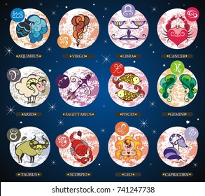 Set illustration with cartoon zodiac signs