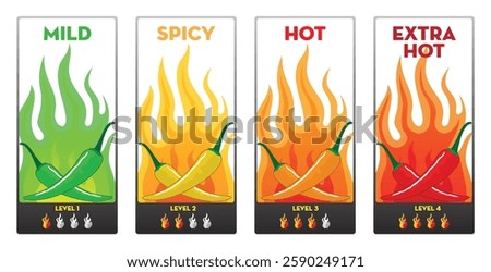 Set illustration of chart displaying four levels of chili pepper spiciness: Mild (Level 1), Spicy (Level 2), Hot (Level 3), and Extra Hot (Level 4).