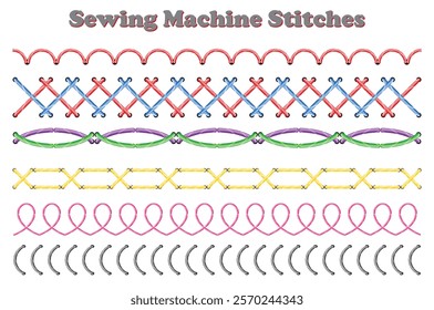 Set illustration of chart displaying various sewing machine stitch patterns in different colors, including basic, decorative, and advanced stitch types. Ideal for sewing enthusiasts, beginners, and