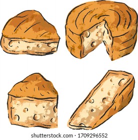 Ilustración con queso, emmental, parmesano, gruyere, pecorino