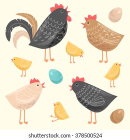 Set illustration with chickens and a rooster