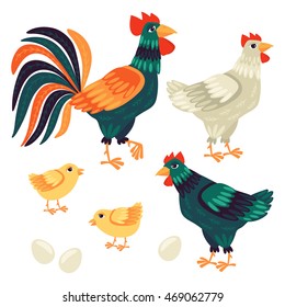 Set illustration with chickens and a rooster