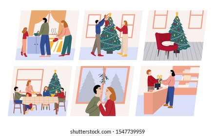 Set of illustration with Christmas concept. Family cooking, decorating tree, cat sleeping in cozy room, family sitting at table, buying presents. Flat vector illustration