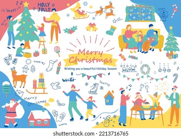 set illustration of Christmas icons and family