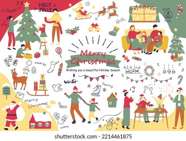 set illustration of Christmas icons and family