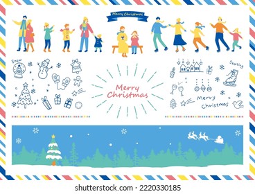 set illustration of Christmas icons and people enjoying Christmas 