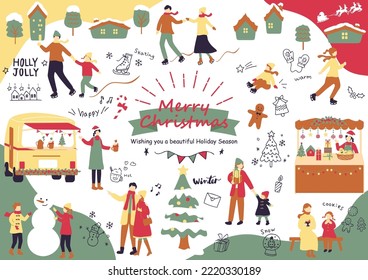 set illustration of Christmas icons and people enjoying Christmas market