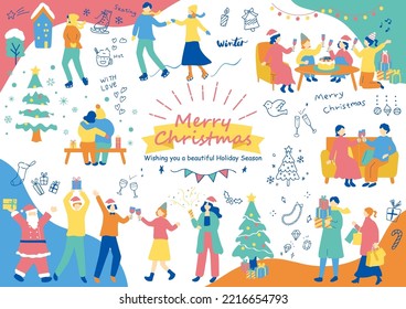 set illustration of Christmas icons and young people