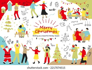 set illustration of Christmas icons and young people