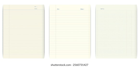 Set illustration of classic lined and grid paper templates featuring preformatted headers for numbers, dates, and references. Ideal for accounting, note-taking, journaling, or professional