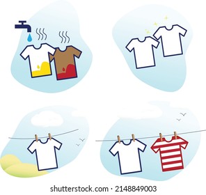 Set illustration of clothes that are being dried outside in a bright daylight. Suitable for flyers, stickers, label detergent. Eps 10 vector.