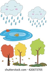  set illustration - cloud, rain, autumn, summer trees, fall leaves, puddle, water, mushrooms, seasons